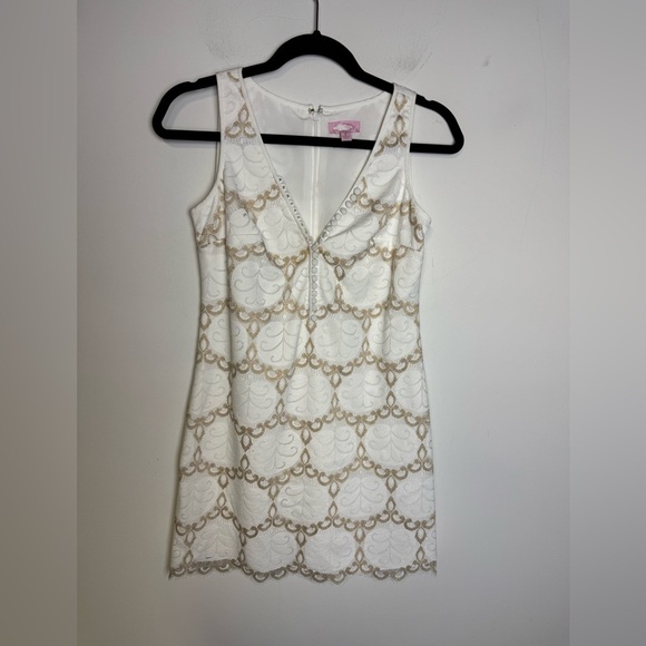Lilly Pulitzer Nadine Resort White Lilly Pad Lace White Gold Shift Dress Size 0 - Picture 3 of 9